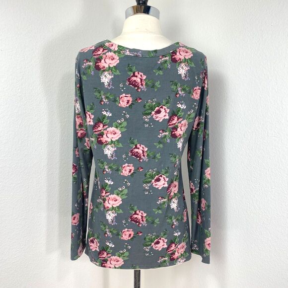 Rue 21 Gray Pink Rose Tunic Top XL Soft Long Sleeves Whimsy Fairy Goth Boho - Picture 7 of 10